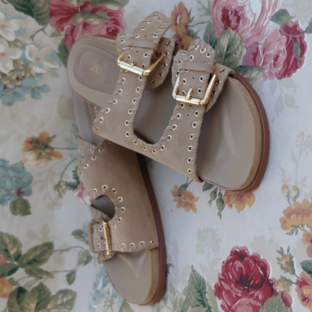 Zara Tan Suede Double Strap Slide Sandals with Gromets Women's size US 11 Euro 4 - Picture 13 of 17
